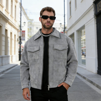 Mens Suede Lapel Zipper Jacket