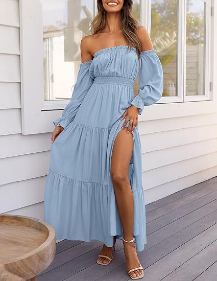 Bohemian Off-Shoulder Smocked Tiered Long Dress