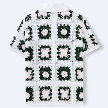 Men's Crochet Cut-Out Knit Polo Shirt