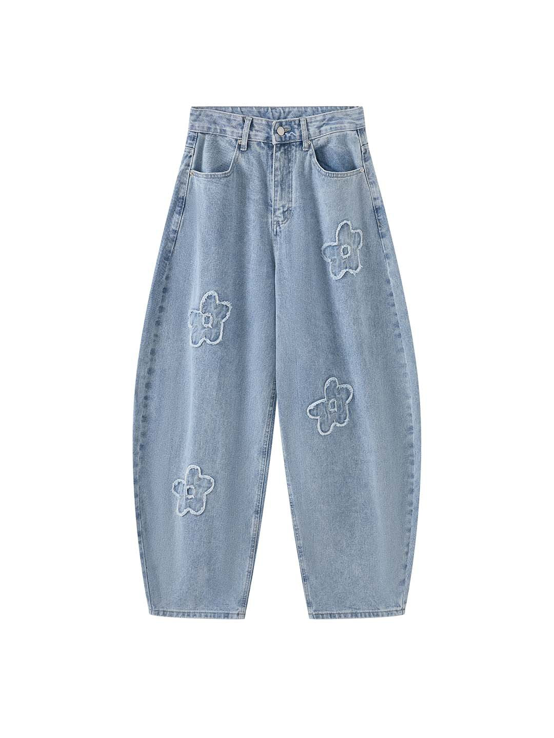 Floral Applique High Waist Wide Leg Denim Pants