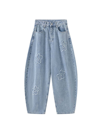 Floral Applique High Waist Wide Leg Denim Pants