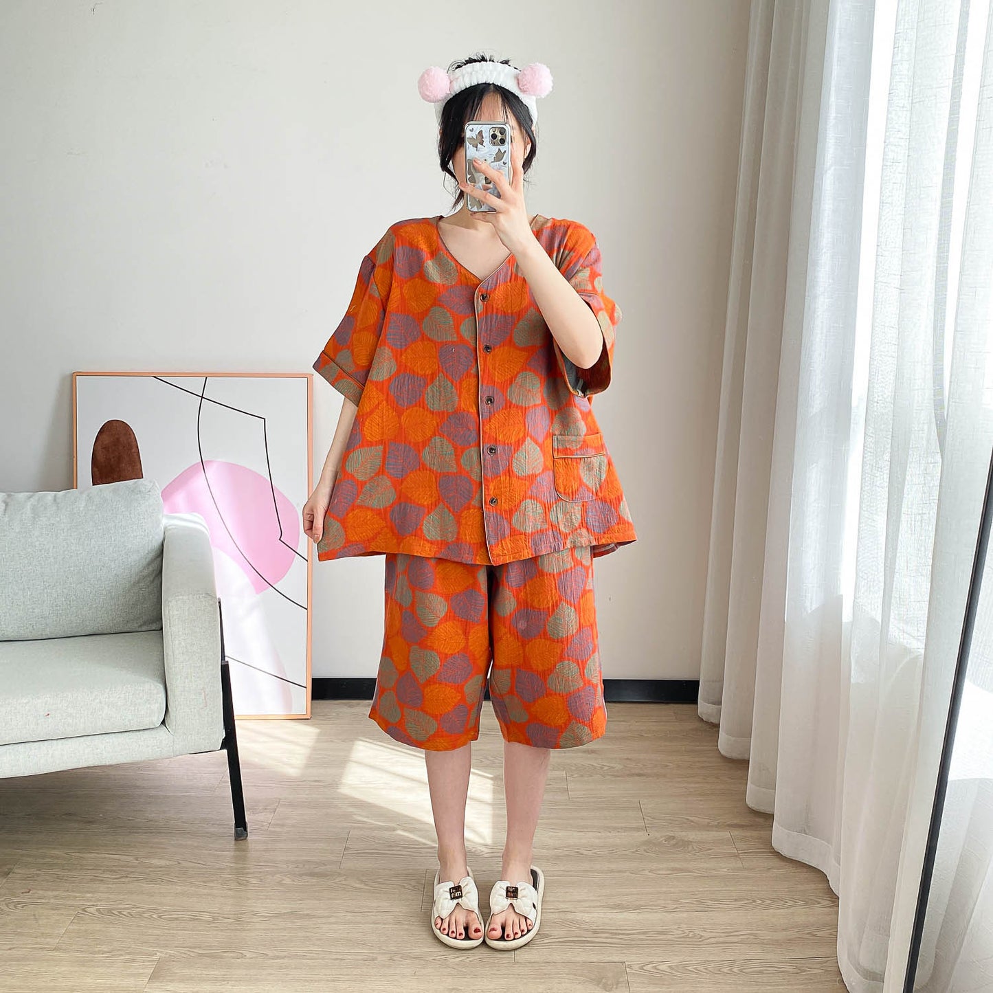 Cotton V-Neck Cropped Pajama Set