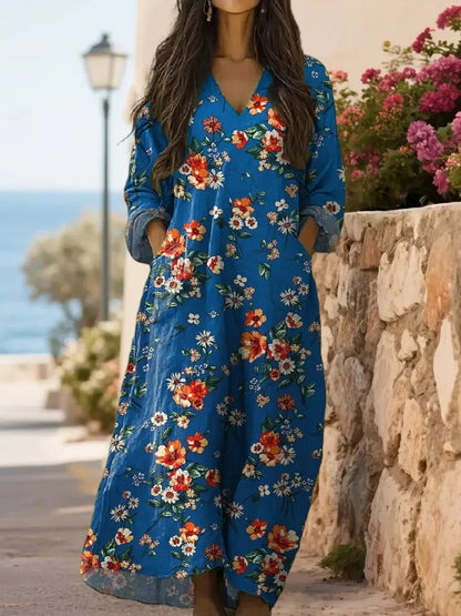 Womens Floral Print V-Neck Long Sleeve Dress
