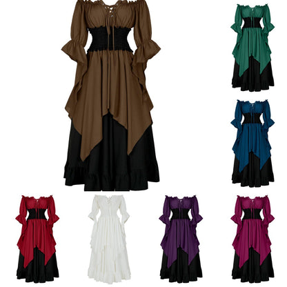 Medieval Retro Patchwork Dress with Flutter Sleeves