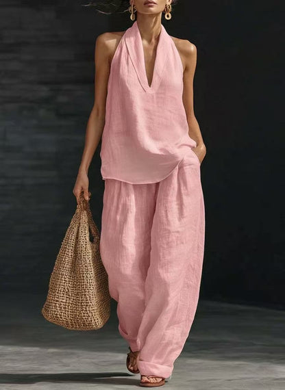 Womens Halter Neck Sleeveless Casual Two-Piece Set