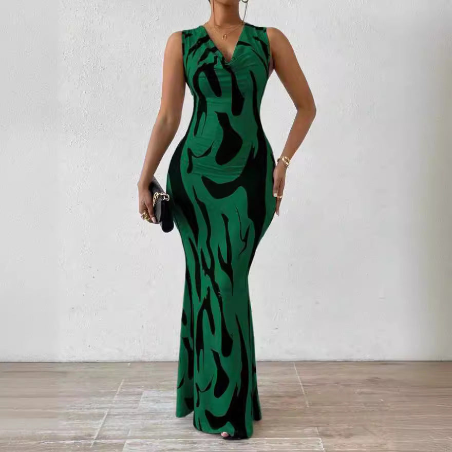 Women's V-Neck Pullover Dress with 3D Print