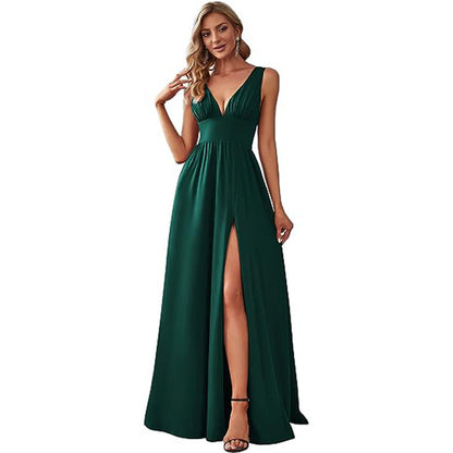 Elegant Sleeveless Long Swing Dress with Deep V Neck