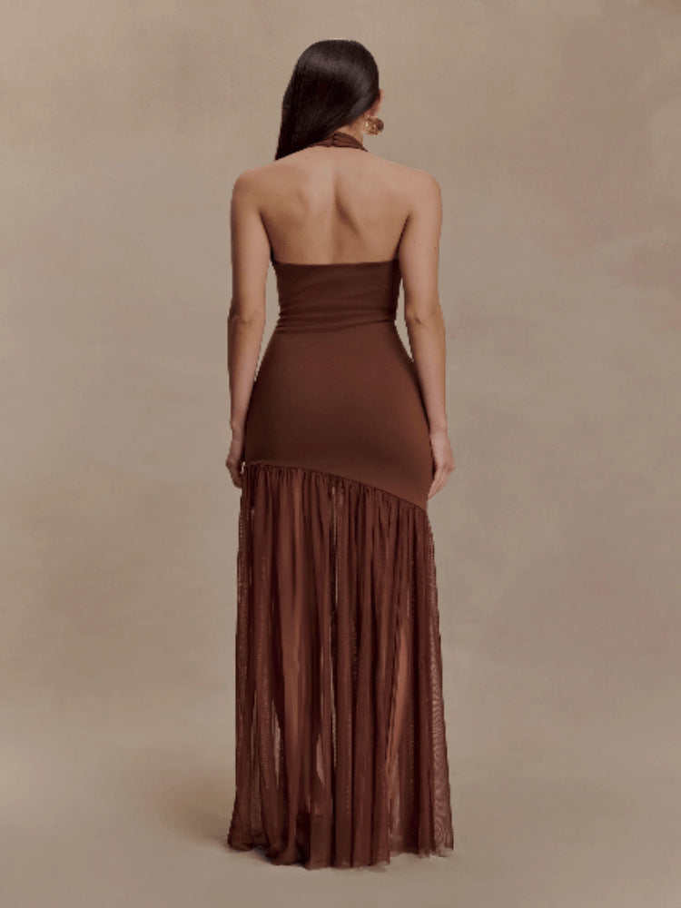 Slim Fit Backless Mesh Pleated Dress