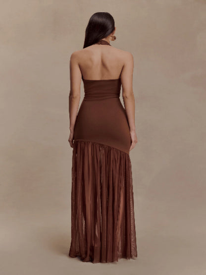 Slim Fit Backless Mesh Pleated Dress