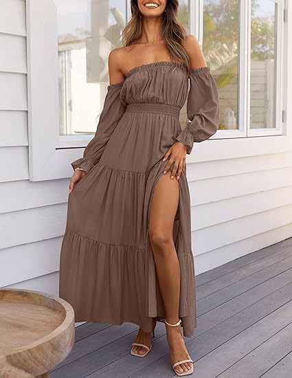 Bohemian Off-Shoulder Smocked Tiered Long Dress