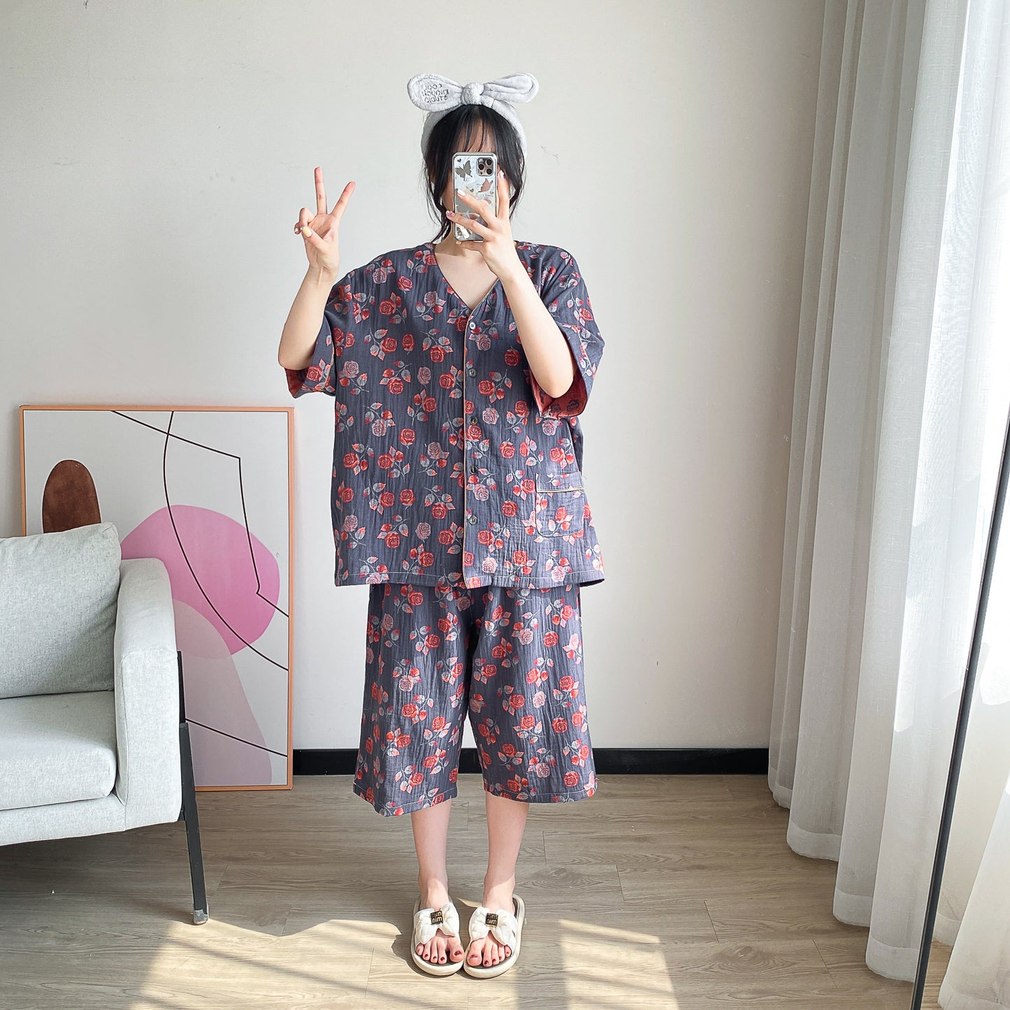 Cotton V-Neck Cropped Pajama Set