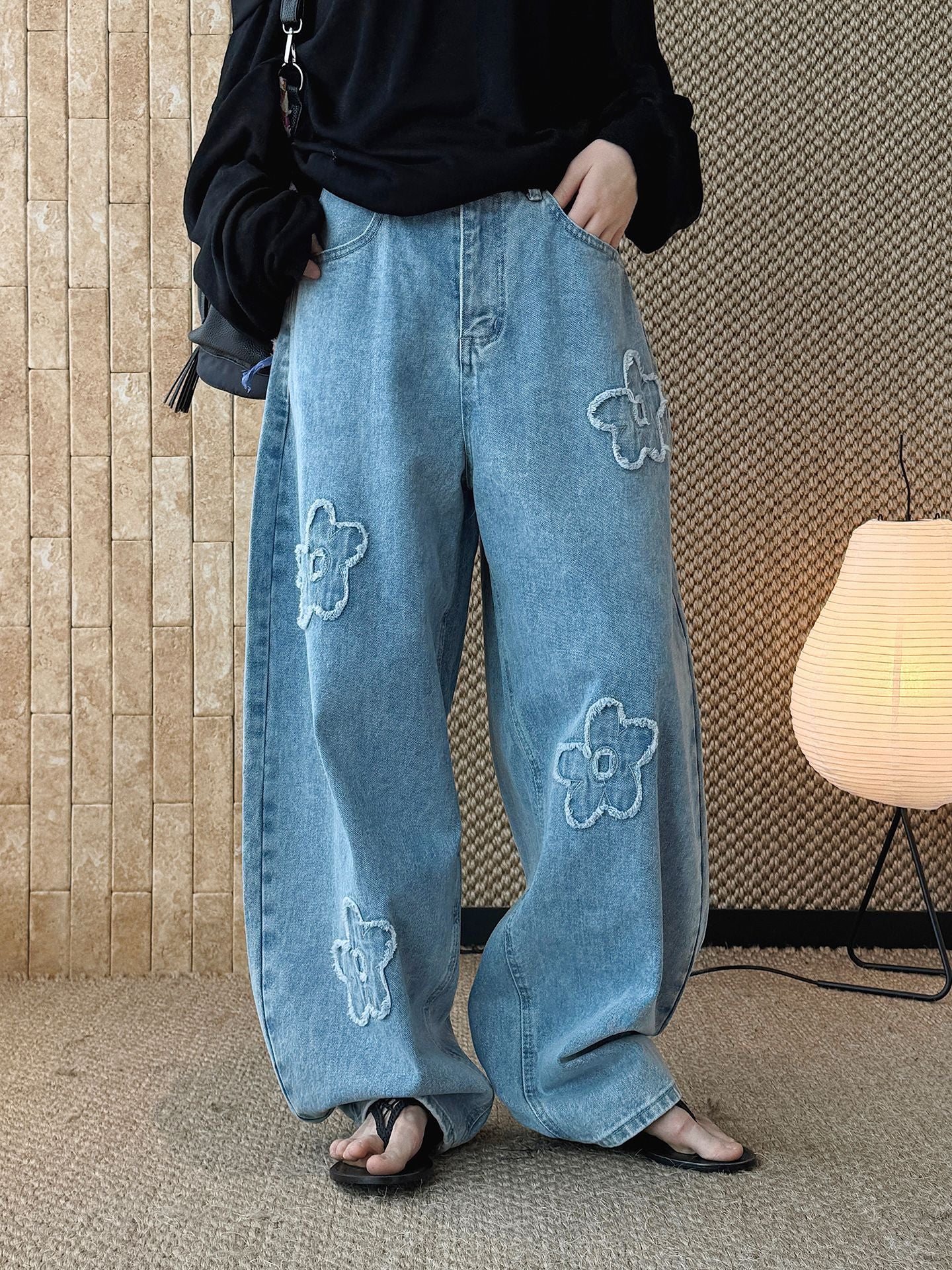 Floral Applique High Waist Wide Leg Denim Pants