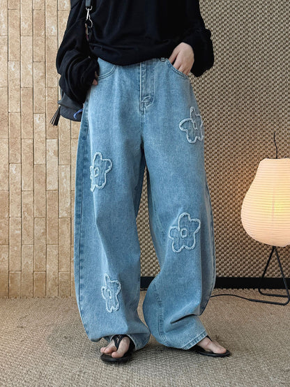 Floral Applique High Waist Wide Leg Denim Pants