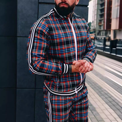 Men's Plaid Zipper Jacket and Pants Casual Sport Suit