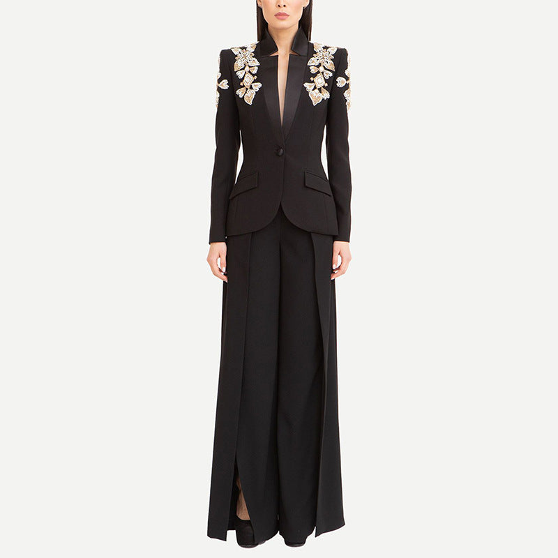 Rhinestone Embellished Blazer and Slit Pants Set