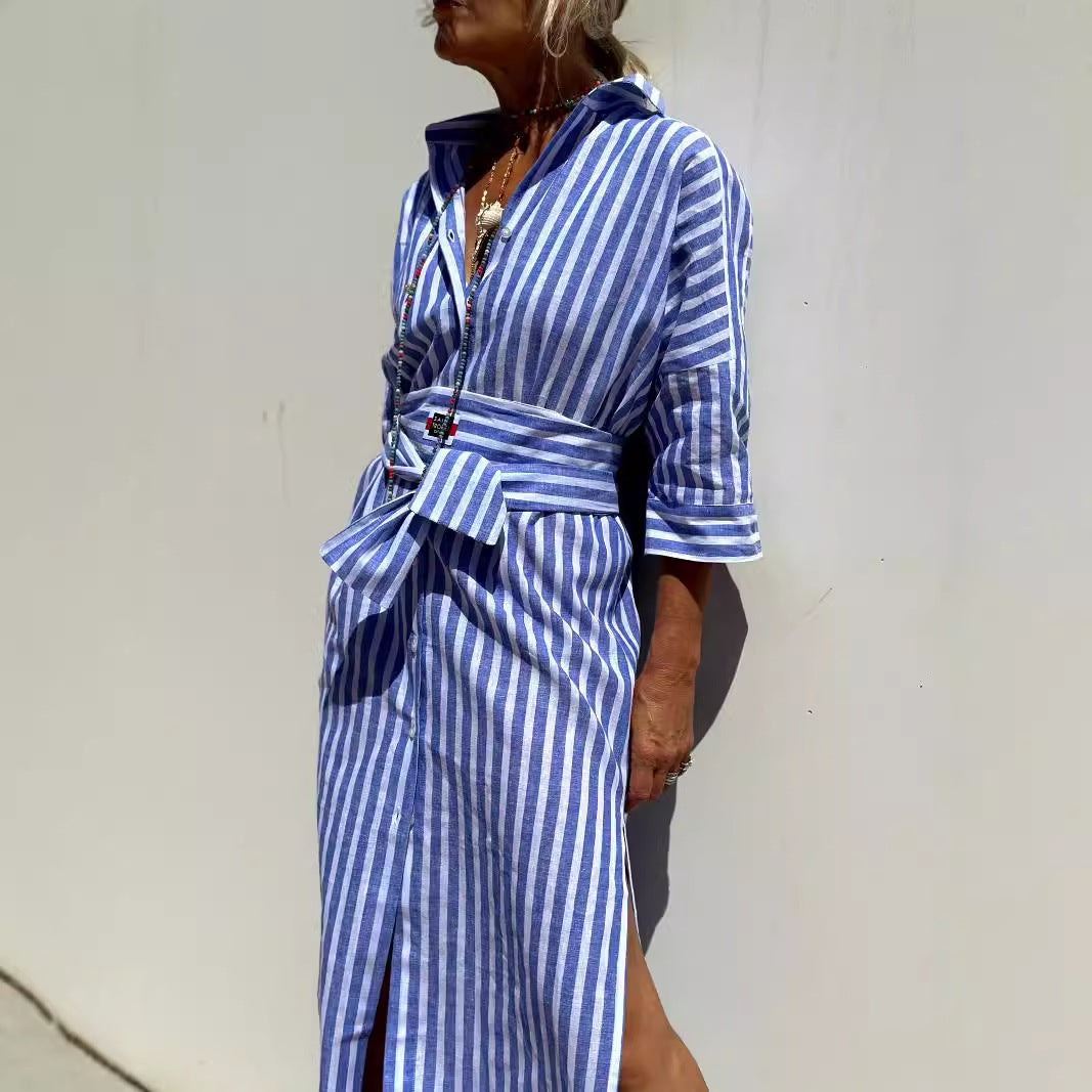 Quarter Sleeve Striped Shirt Dress