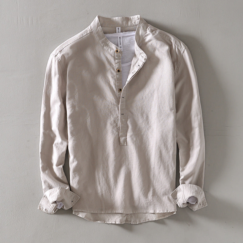 Pure Color Stand-Up Collar Pullover Cotton and Linen Lining