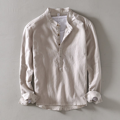 Pure Color Stand-Up Collar Pullover Cotton and Linen Lining