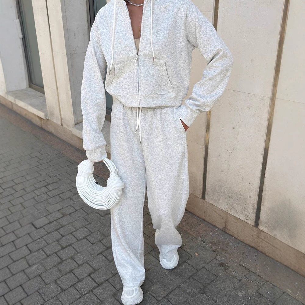 Casual sportswear set with hooded jacket and drawstring pants