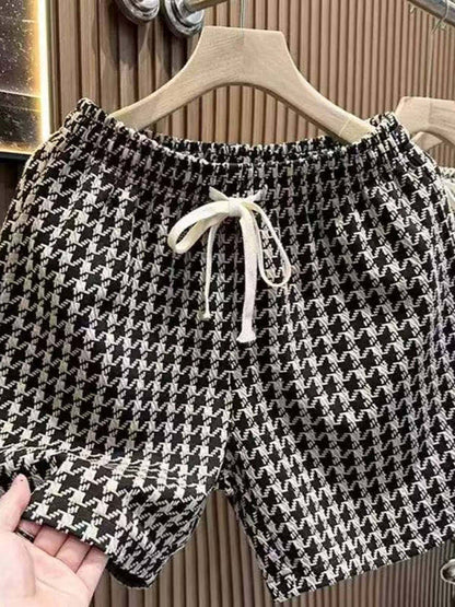 Mens Casual Houndstooth Shorts with Tie Waist