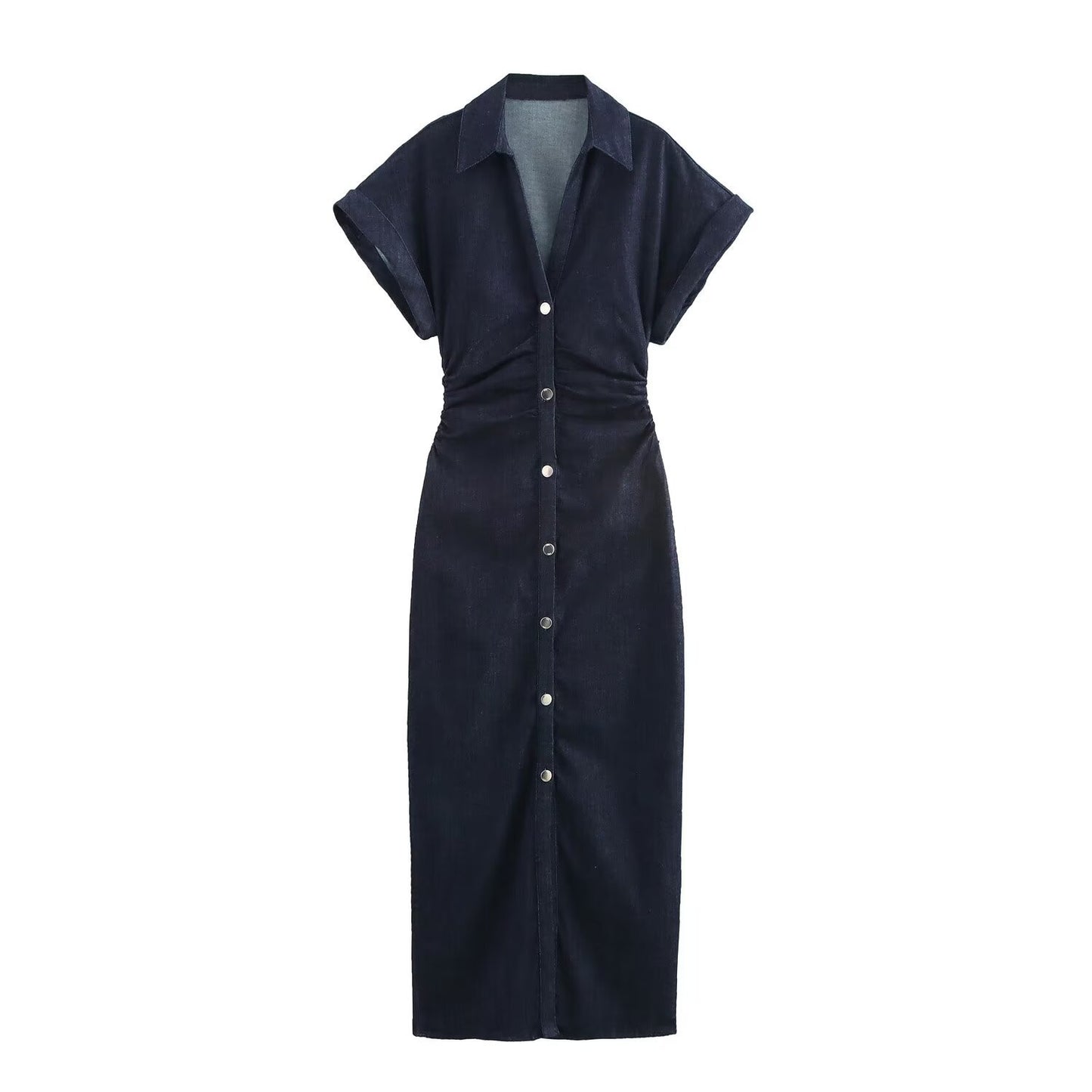 Womens Denim Midi Dress with V-Neck