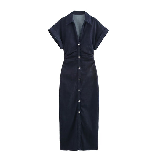 Womens Denim Midi Dress with V-Neck