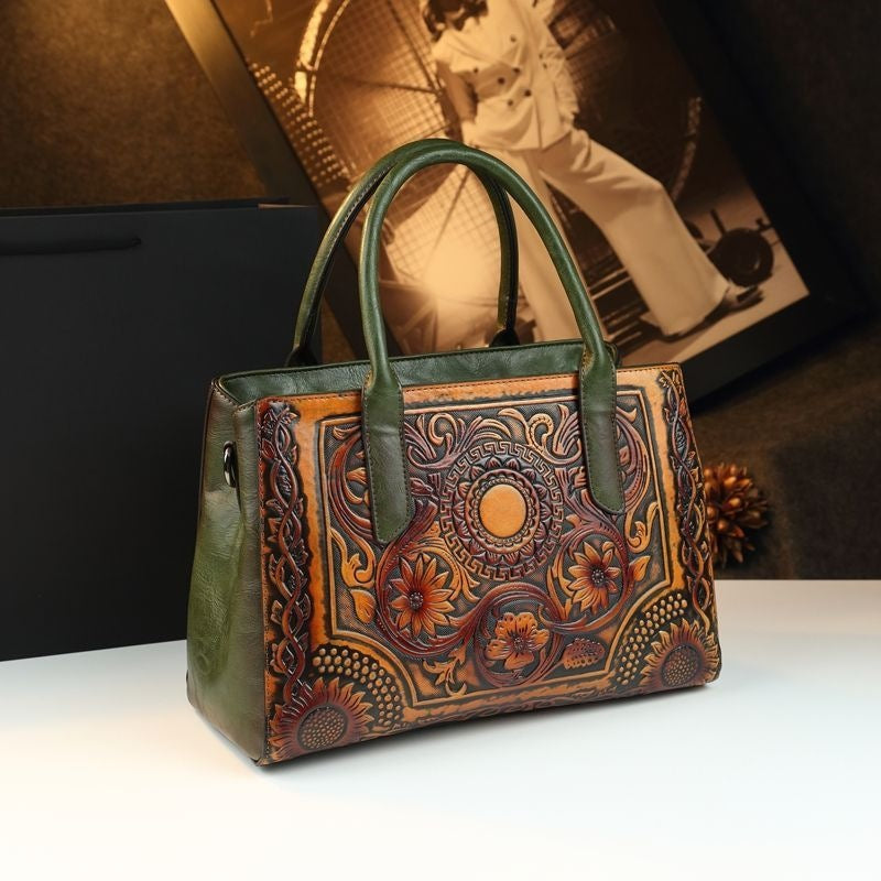 Atmospheric 2025 Retro Women's Bag Embossed Flower Tote Bag Genuine Leather New Ethnic Style Single Shoulder Crossbody Bag Large Capacity