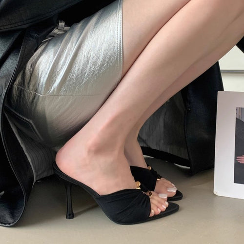 2025 Summer Fashion Open Toe Women's Shoes Royal Sister Fan Pointed Satin Sandals European and American Temperament Metal Buckle High Heels