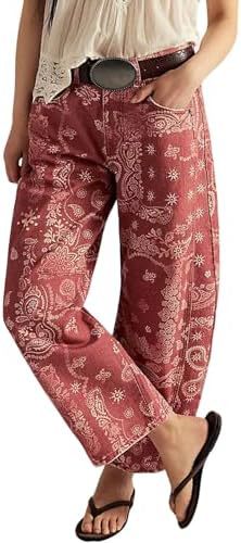 Floral Print Denim Wide Leg Trousers