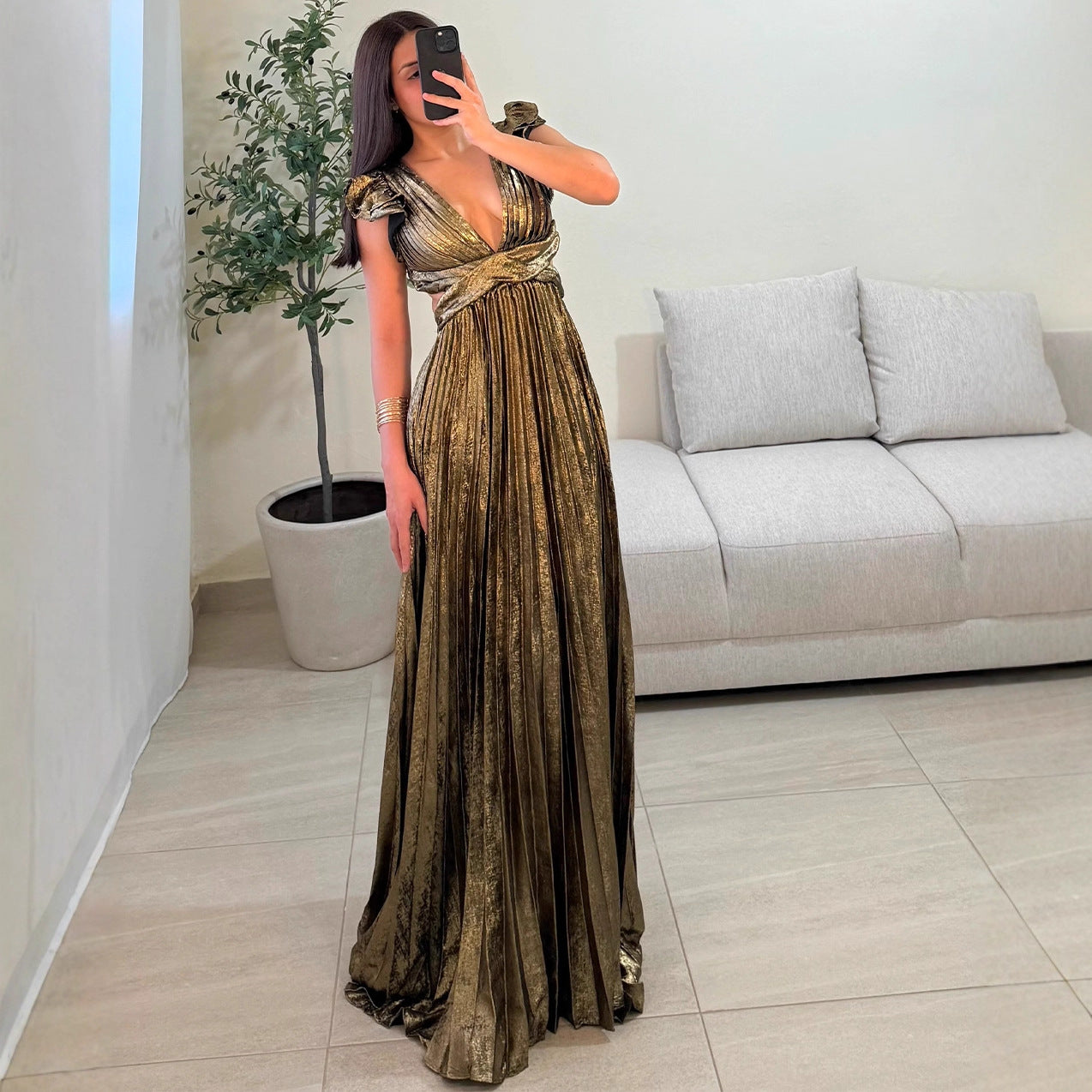 Backless Pleated Long Dress