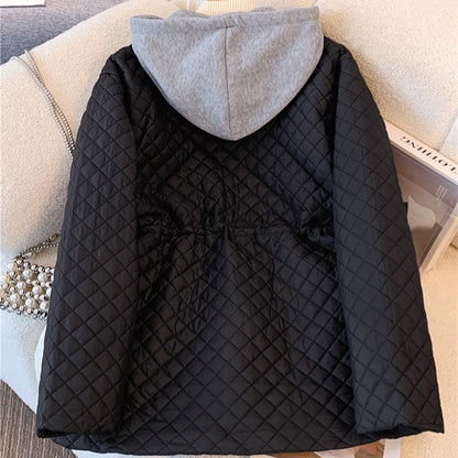 Black Hooded Quilted Cotton Jacket for Women