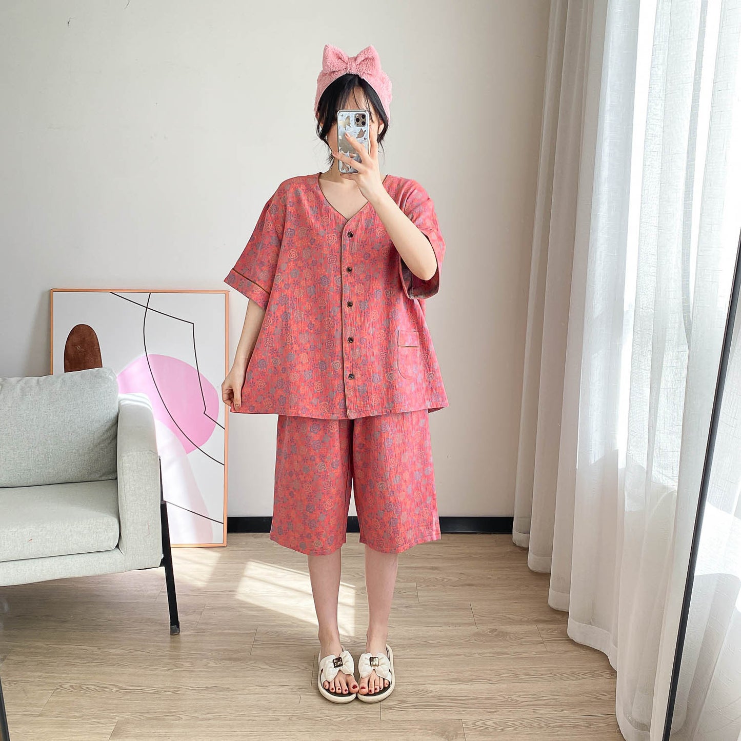 Cotton V-Neck Cropped Pajama Set