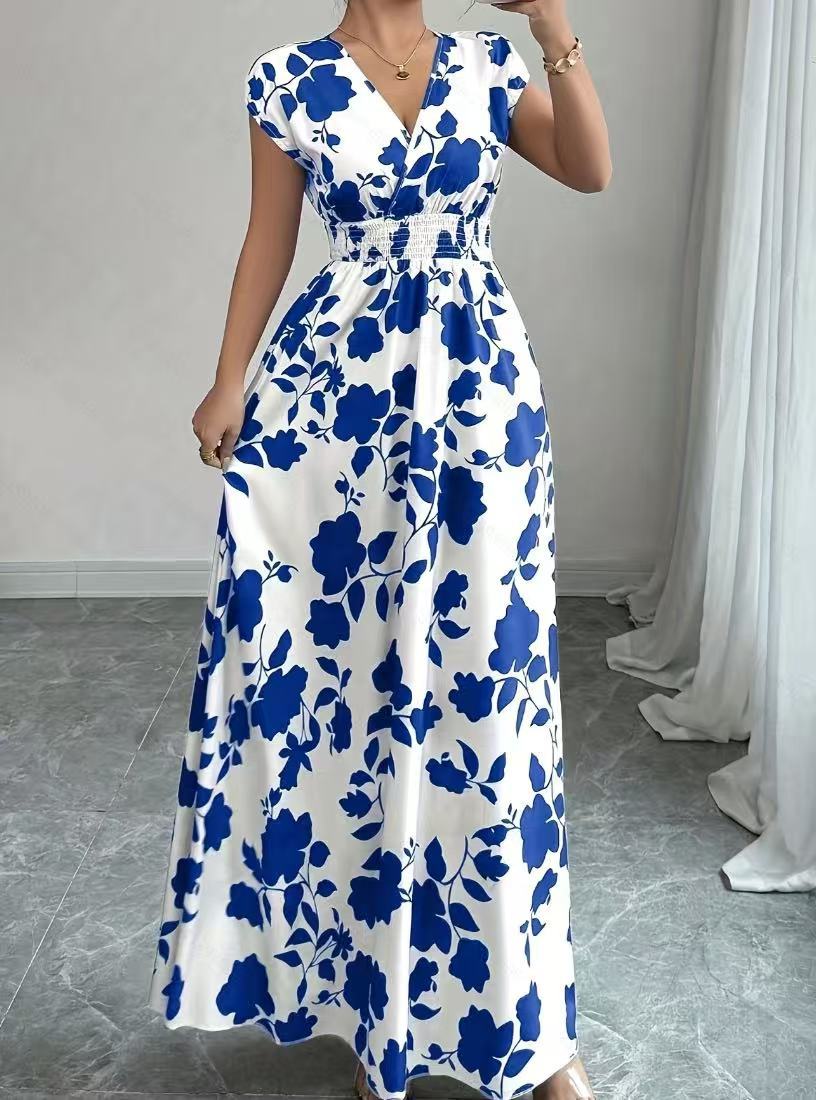 Floral Print V-Neck Lace-Up A-Line Dress