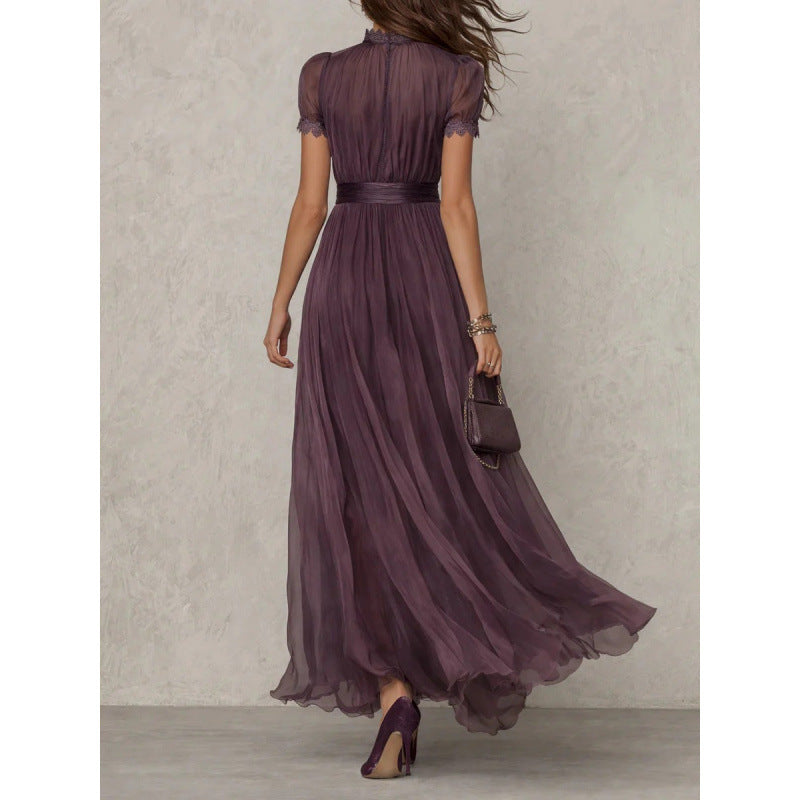 Purple Lace Trim Chiffon Dress