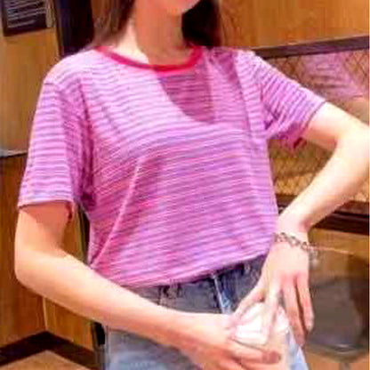 Casual Stripe Short Sleeve T-Shirt for Women, Loose Fit, Student Fashion Top, Basic Innerwear