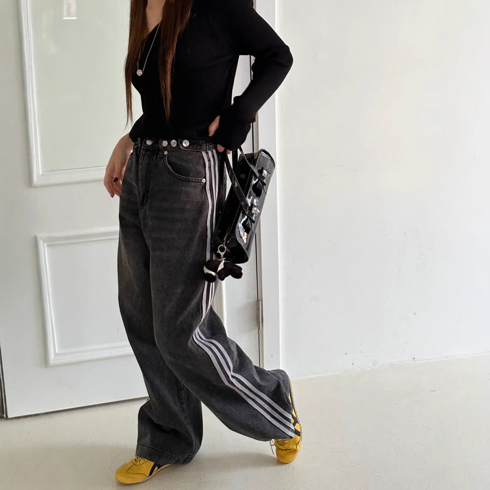 Adjustable Waist Wide Leg Denim Pants