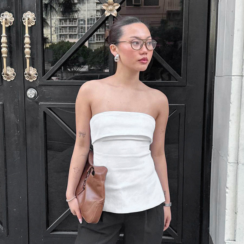Women's Clothing Summer New Pure Color Sleeveless Backless Wide Lapel Slit Tube Top Sexy Blouse