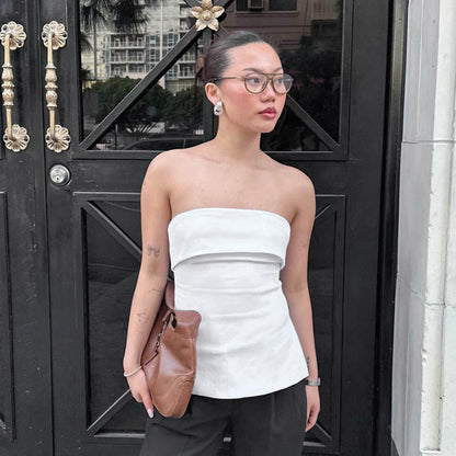 Women's Clothing Summer New Pure Color Sleeveless Backless Wide Lapel Slit Tube Top Sexy Blouse