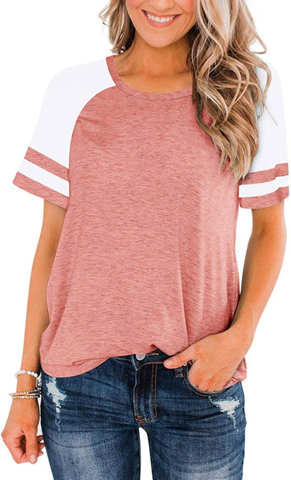 T-Shirt Summer Round Neck Stitching Short Sleeve Striped Contrast Color Loose Plus Size Women's Clothing