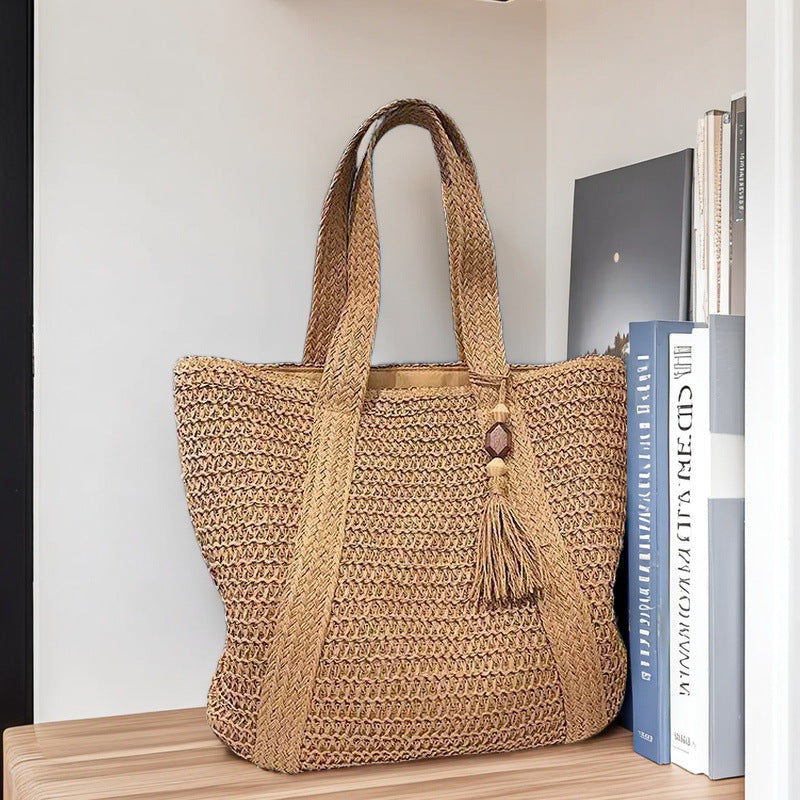Woven Straw Shoulder Bag with Wide Braid Design