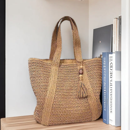 Woven Straw Shoulder Bag with Wide Braid Design