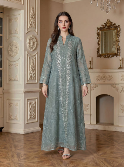 Mesh Embroidered Sequined Long Dress