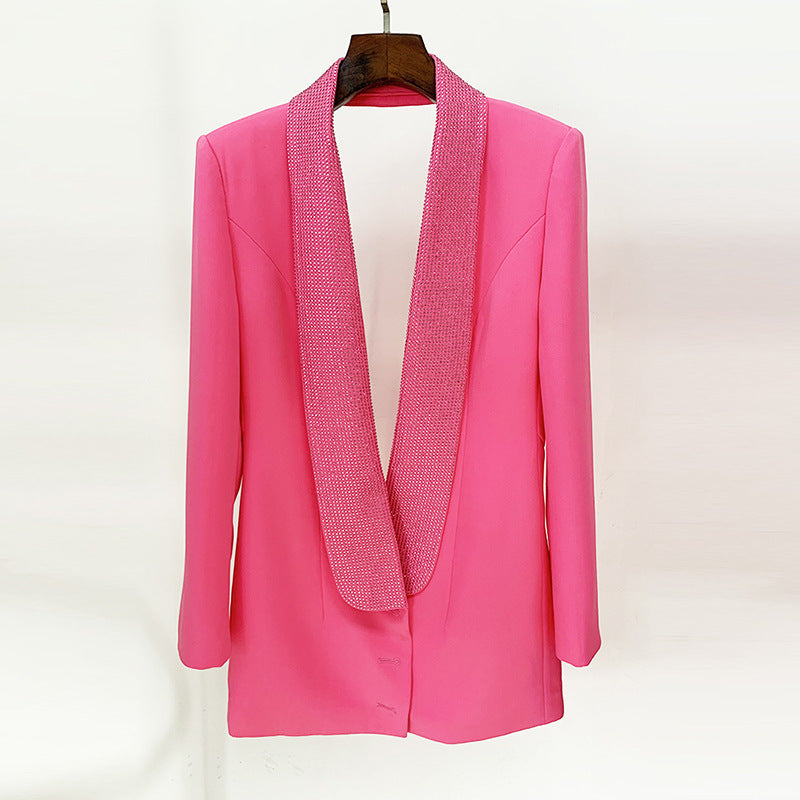 Women's Rhinestone Backless Mandarin Collar Blazer Dress