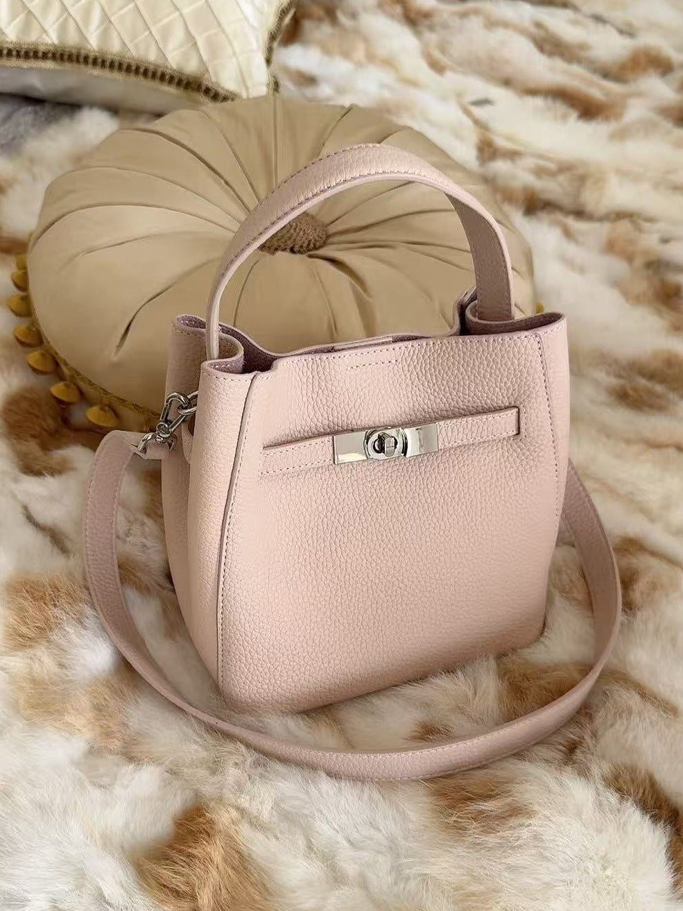 Genuine Leather Bucket Bag with Magnetic Closure