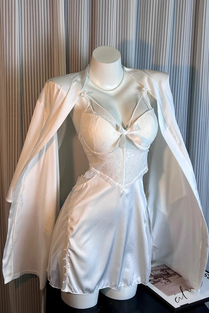 Lace Trim Ice Silk Pajama Set with Robe