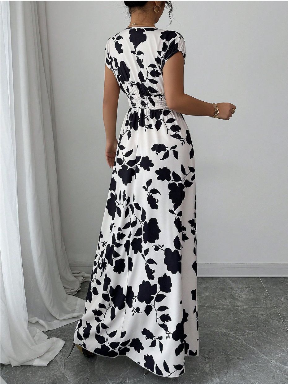 Floral Print V-Neck Lace-Up A-Line Dress