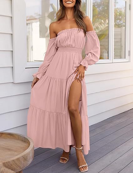 Bohemian Off-Shoulder Smocked Tiered Long Dress
