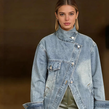 Women's denim jacket with single pocket design