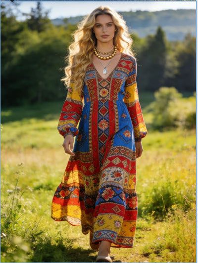 Womens Floral Print V-Neck Long Sleeve Dress