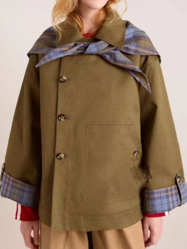 Reversible Plaid Embroidery Navy Collar Jacket